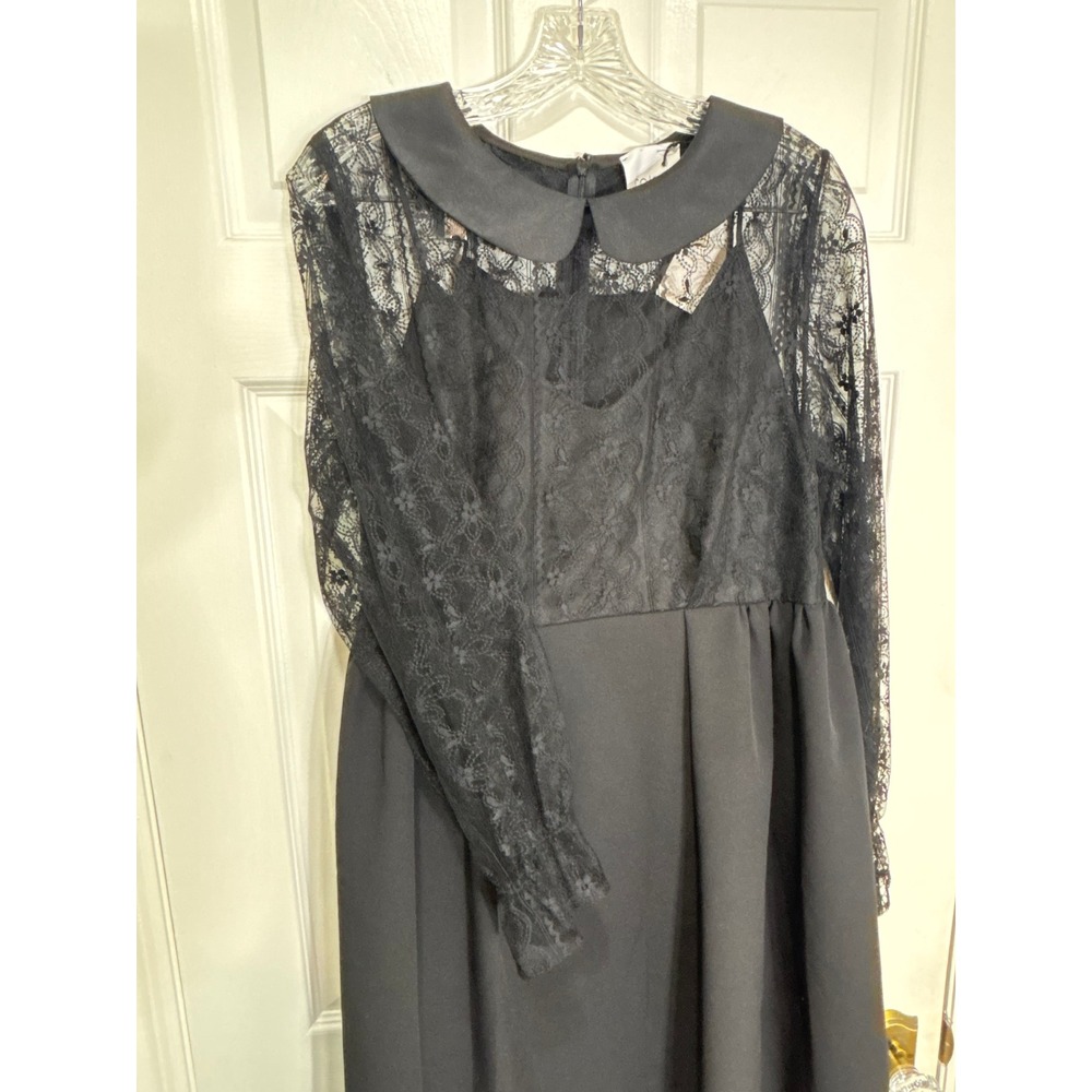 CO-TE Black Lace Dress Peter Pan Collar Ruffles Pockets Made In Italy, Size 46 - Picture 4 of 12